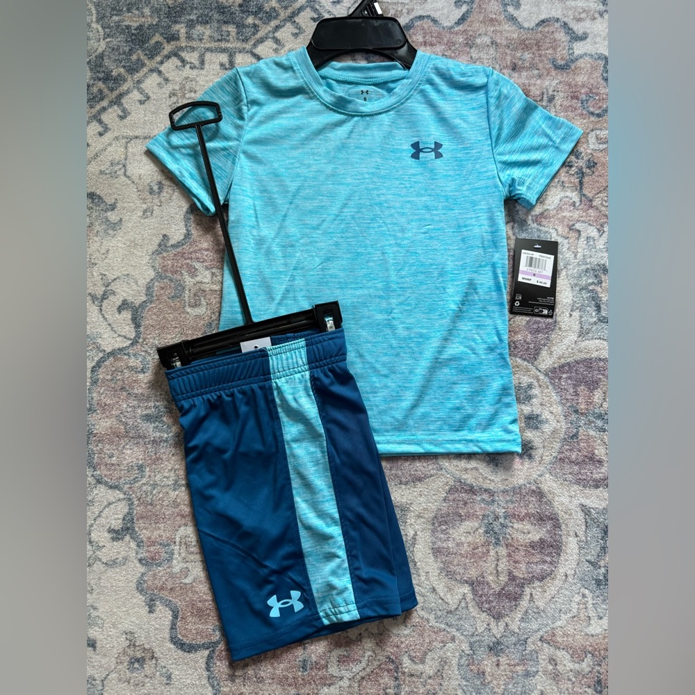 Under Armour Boys size 7 Aqua Blue Heather Tee and Navy Stripe Shorts
